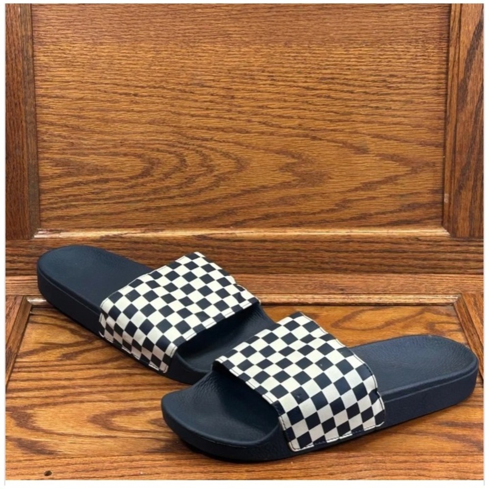 Vans La Costa Slide-On Sandals Navy Blue White Checkerboard Mens Shoes
